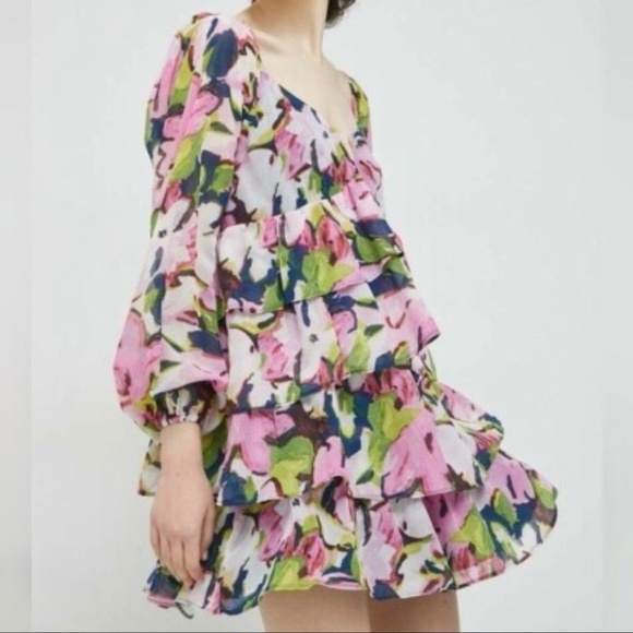 Abercrombie & Fitch Dresses & Skirts - Abercrombie & Fitch Tiered Chiffon Floral Mini Dress Sheer Sleeve Pink Medium